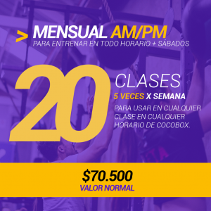 Plan Mensual  AM/PM 30 días 20 clases 5 veces por semana