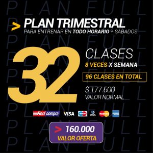 Plan Trimestral AM/PM 90 Días 96 clases 32 veces por mes / 8 por semana (Oferta) 10 Cupos